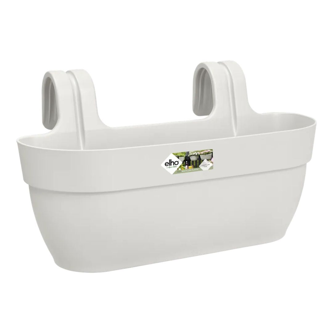 Fioriera da ringhiera in plastica colore bianco.