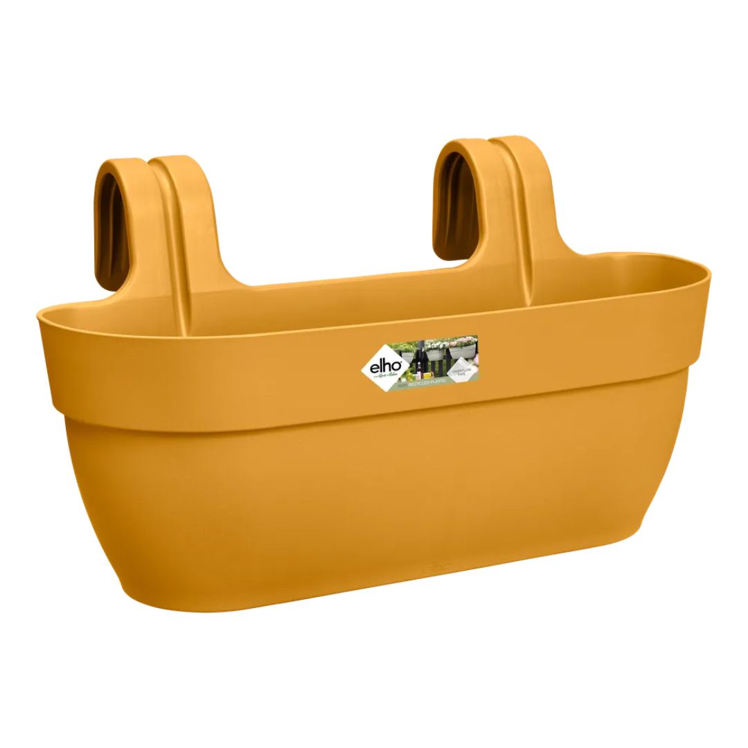 Fioriera da ringhiera in plastica colore giallo.