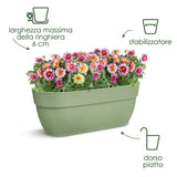 Fioriera da balcone verde salvia con dorso piatto e stabilizzatore per ringhiera fino a 6 cm.
