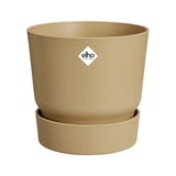 Vaso beige in plastica riciclata con serbatoio integrato diametro 14cm.