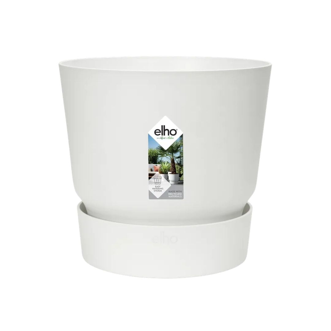 Vaso bianco in plastica riciclata con serbatoio integrato diametro 18cm.