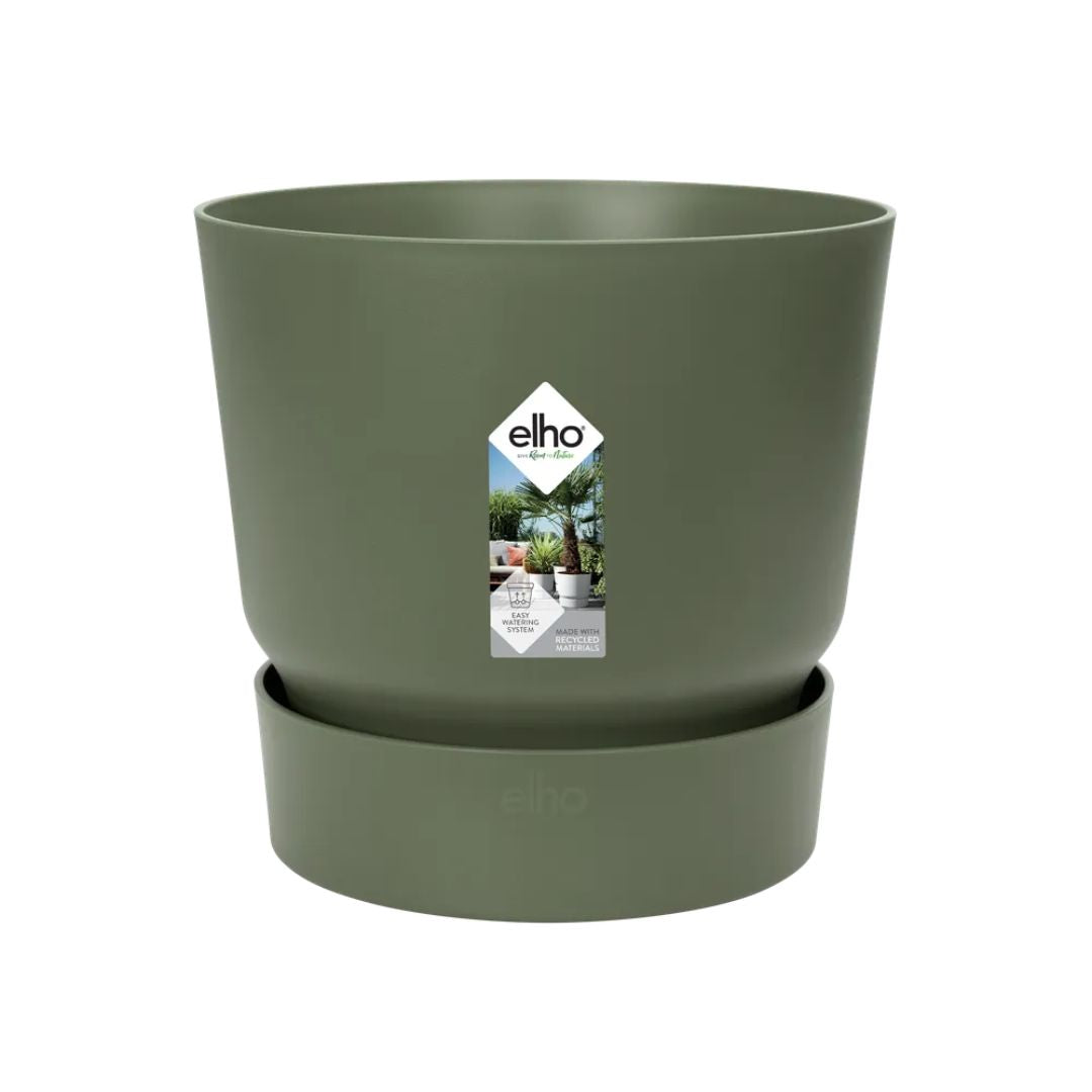 Vaso verde in plastica riciclata con serbatoio integrato diametro 16cm.