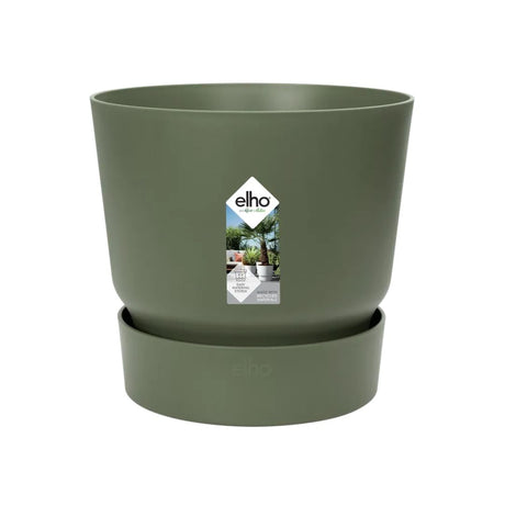 Vaso verde in plastica riciclata con serbatoio integrato diametro 16cm.
