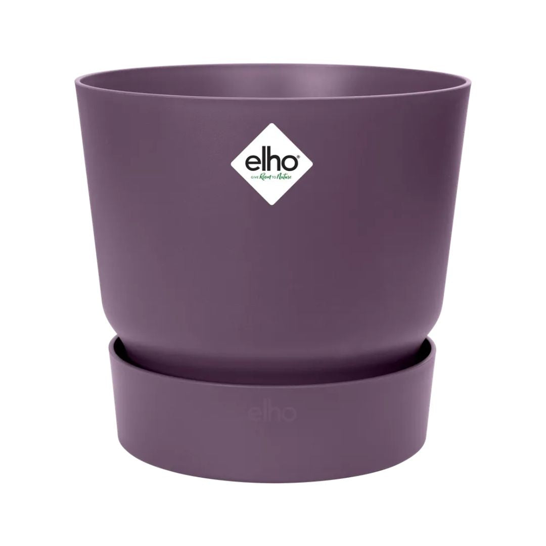 Vaso viola in plastica riciclata con serbatoio integrato diametro 18cm.