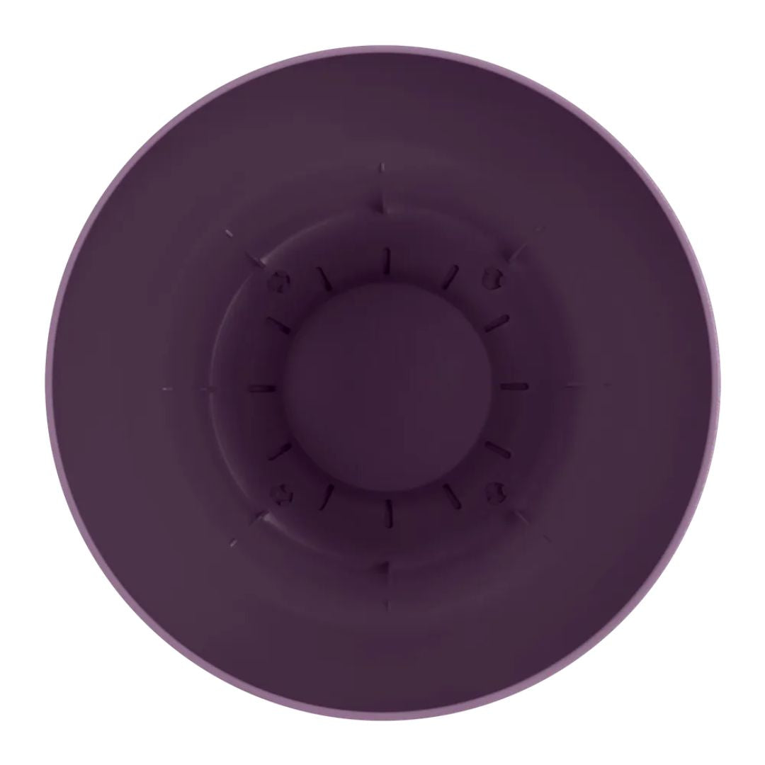 Interno vaso rotondo in plastica viola con serbatoio integrato.