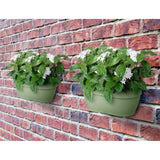 Due fioriere da muro con piante color verde appese a un muro di mattoni.