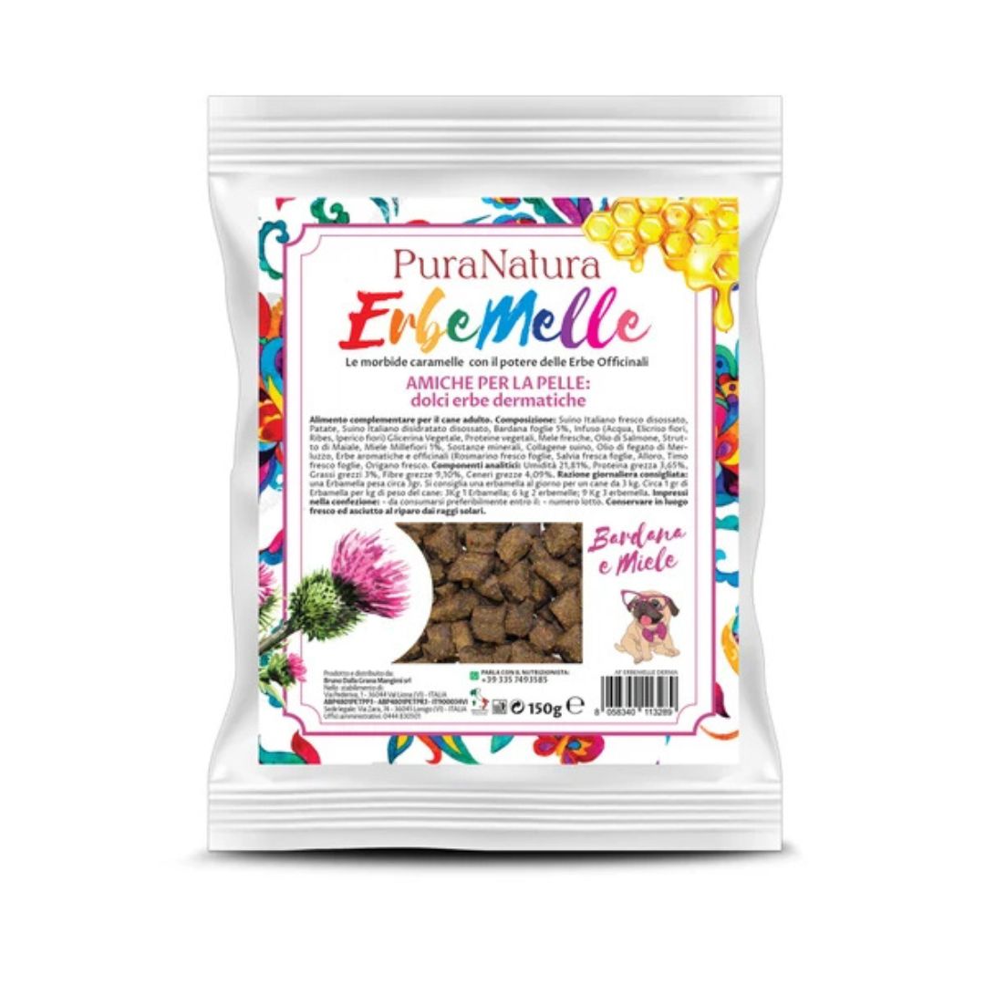 Confezione dello snack per cani con proprietà dermopatiche Erbemelle PuraNatura 150g.