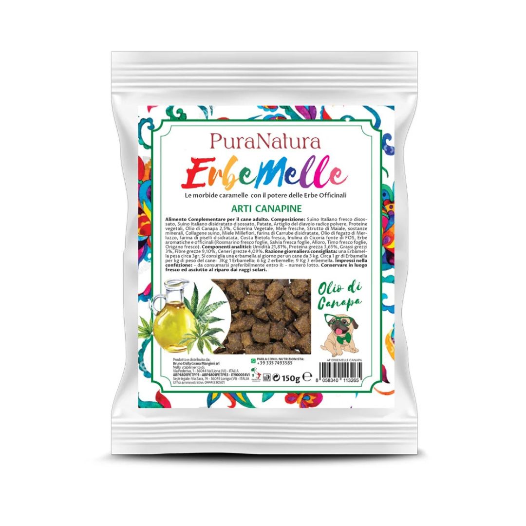 Confezione dello snack per cani per arti Erbemelle PuraNatura 150g.