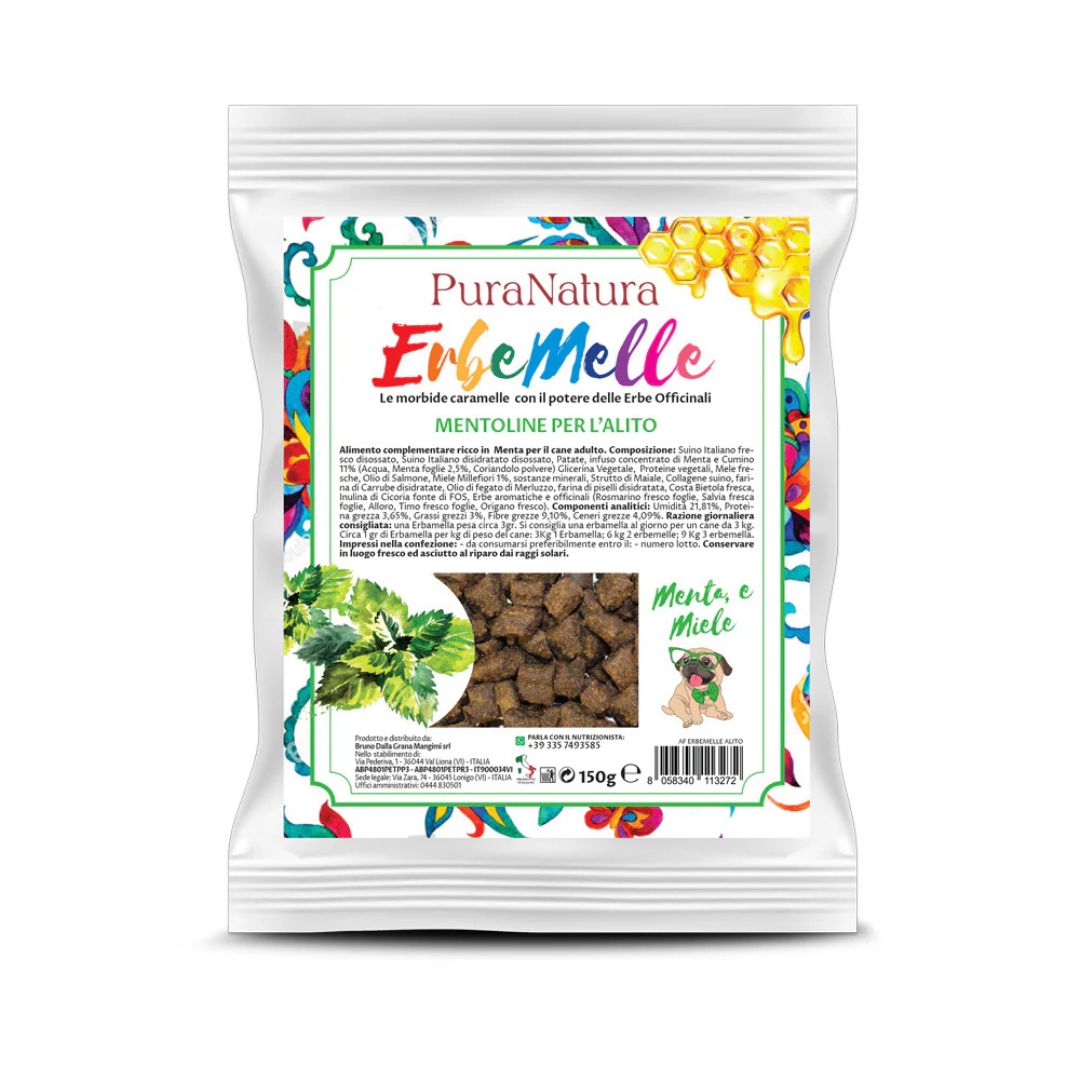 Confezione dello snack per cani per alito Erbemelle PuraNatura 150g.