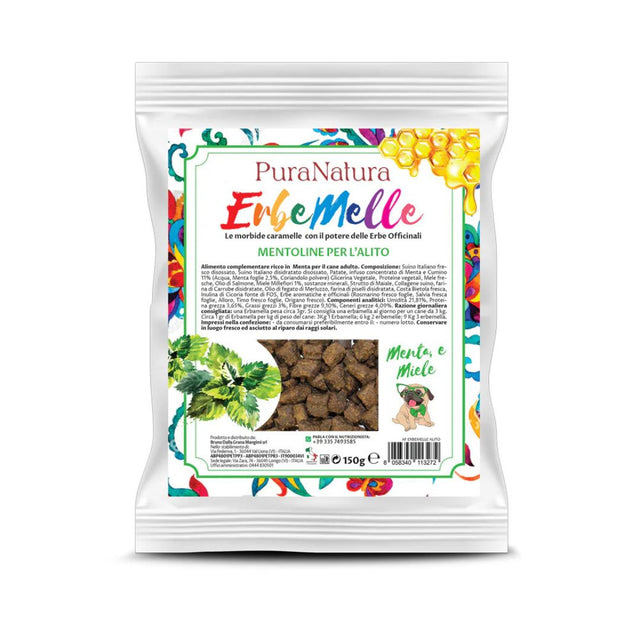 Confezione dello snack per cani per alito Erbemelle PuraNatura 150g.