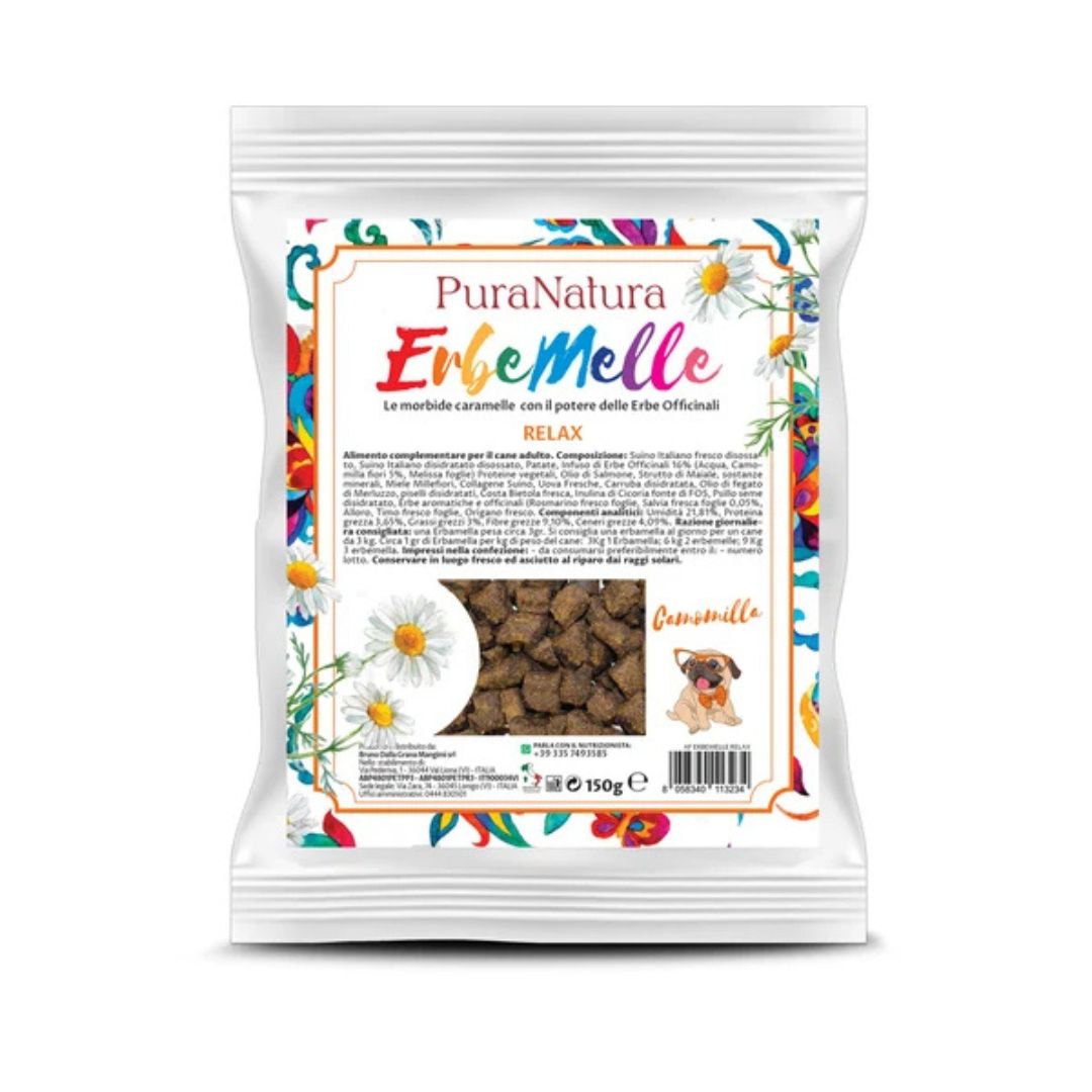 Confezione dello snack per cani Erbemelle relax PuraNatura 150g.
