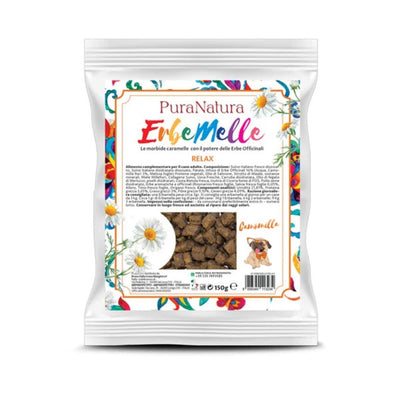 Confezione dello snack per cani Erbemelle relax PuraNatura 150g.