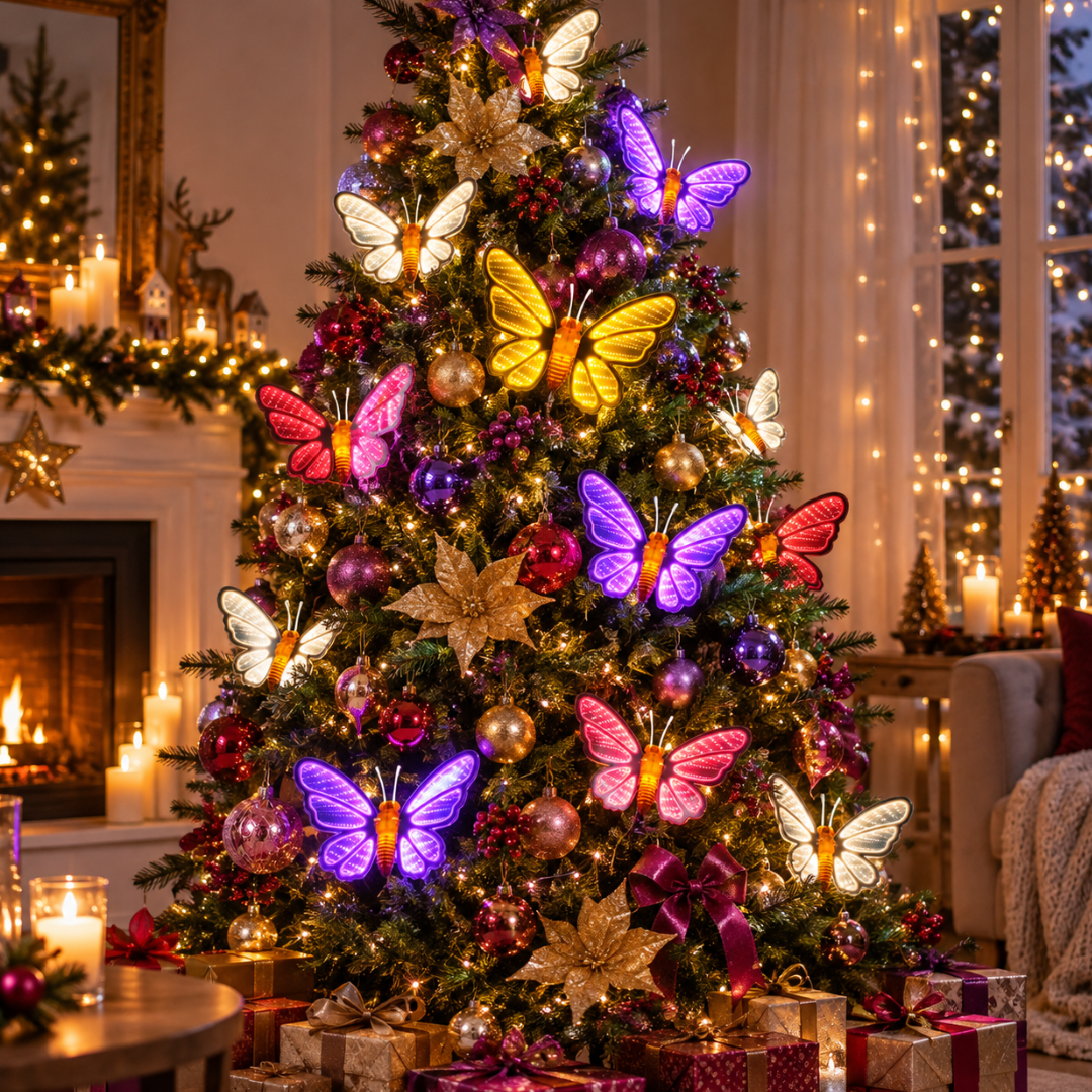 Albero di Natale decorato con farfalle Infinity luminose multicolore, palline, fiocchi e dettagli dorati