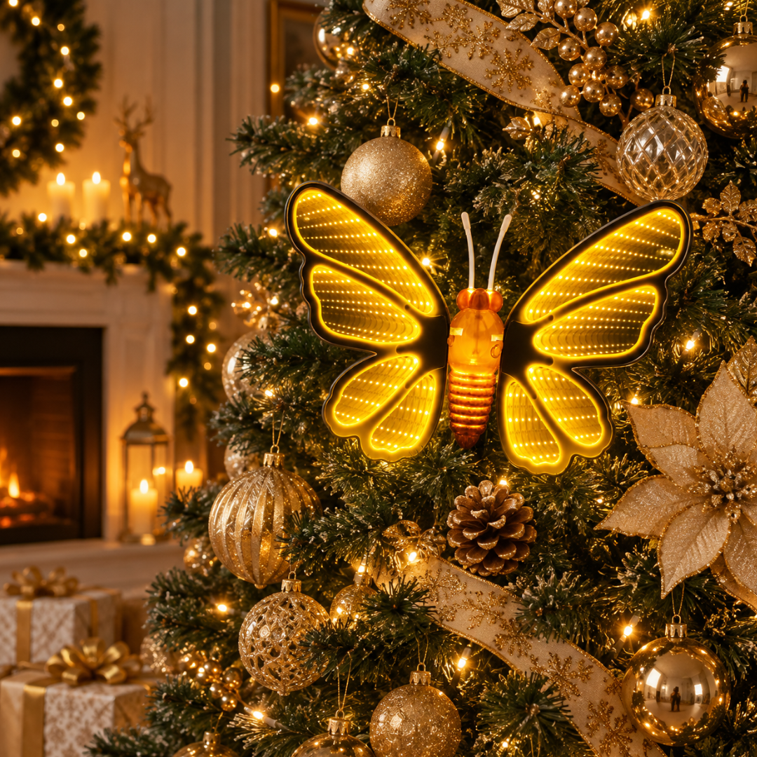 Farfalla Infinity luminosa gialla ambientata su un albero di Natale elegante con palline e decorazioni dorate