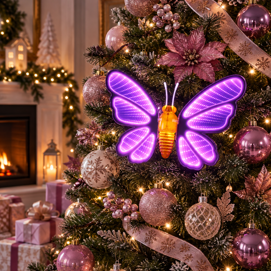Farfalla Infinity luminosa rosa ambientata su un albero di Natale decorato con palline rosa, fiori e dettagli coordinati