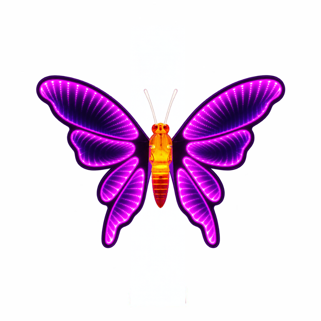 Farfalla Infinity luminosa da 66 cm con ali effetto profondità illuminate di rosa e viola e corpo centrale color ambra