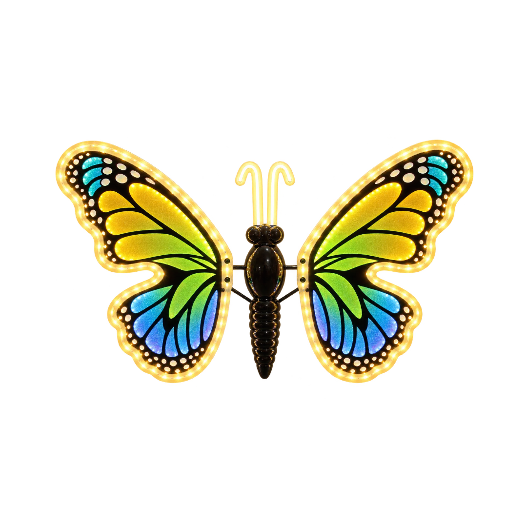 Farfalla decorativa LED 40 cm gialla, verde e blu