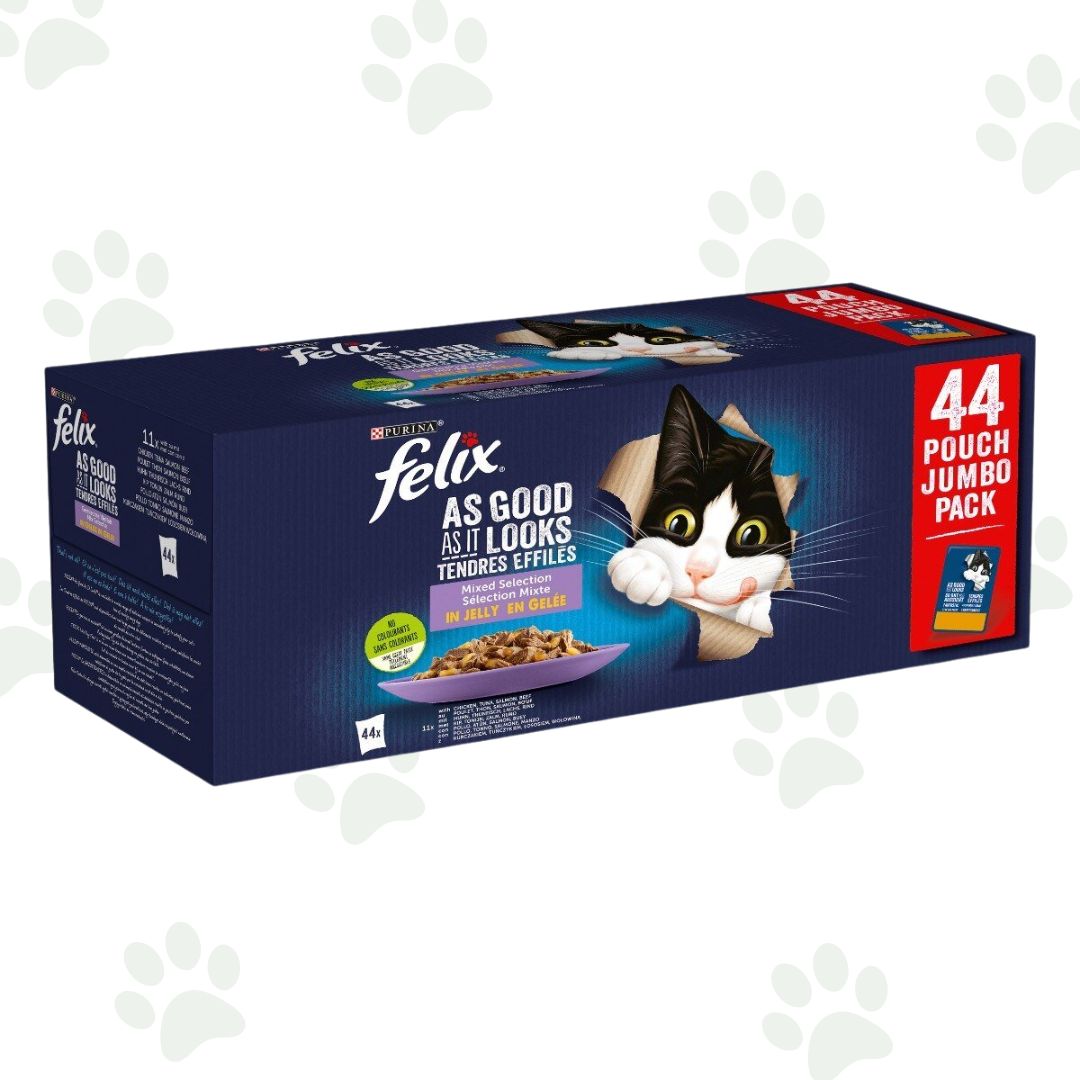 Multipack 44 pezzi di cibo umido per gatti Felix gusto carne e pesce.