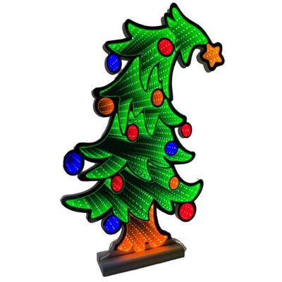 Figura luminosa natalizia a forma di albero di Natale stilizzato verde decorato da palline rosse, blu e arancioni e stella gialla sulla punta pendente da un lato con effetto infinity.