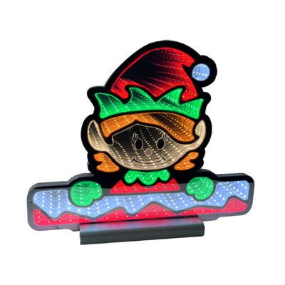 Figura luminosa natalizia a LED raffigurante un elfo femmina con cappello rosso e verde, viso sorridente con effetto infinity mirror.