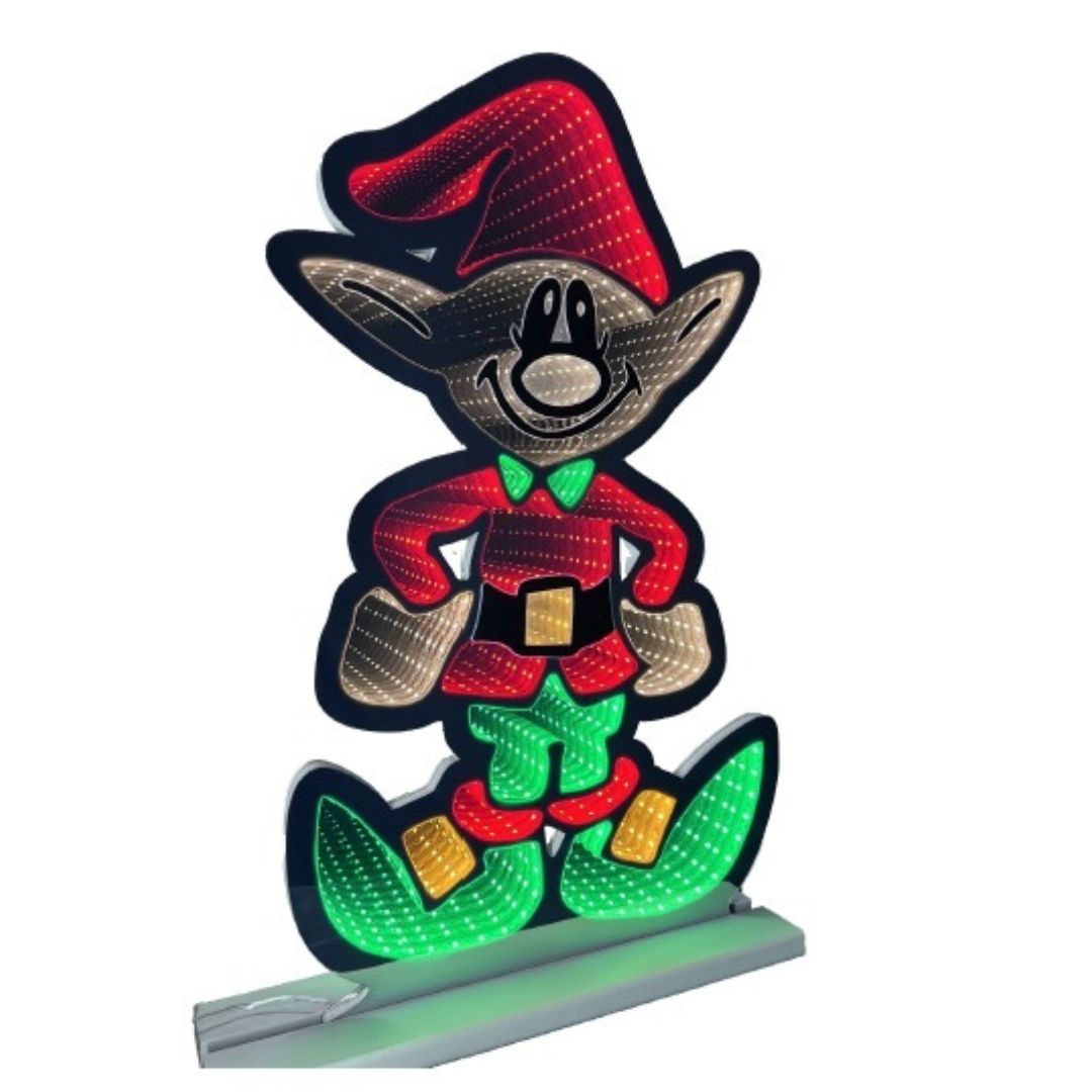 Figura luminosa natalizia a forma di elfo sorridente con cappello rosso, abito rosso e verde e scarpe a punta illuminate da LED con effetto infinity.