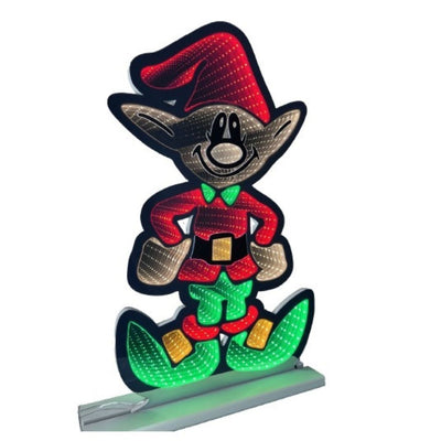 Figura luminosa natalizia a forma di elfo sorridente con cappello rosso, abito rosso e verde e scarpe a punta illuminate da LED con effetto infinity.