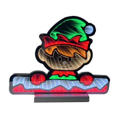 Figura luminosa natalizia a LED raffigurante un elfo con cappello rosso e verde, viso sorridente con effetto infinity mirror.