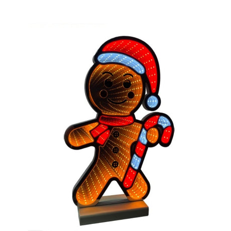 Figura luminosa natalizia a forma di omino di pan di zenzero con cappello rosso e bianco, sciarpa rossa e bastoncino di zucchero in mano, illuminata da LED con effetto infinity..