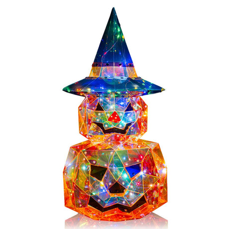 Figura decorativa di Halloween composta da due zucche sovrapposte con volti intagliati e cappello da strega, realizzata con superfici trasparenti illuminate da micro LED effetto iridescente.