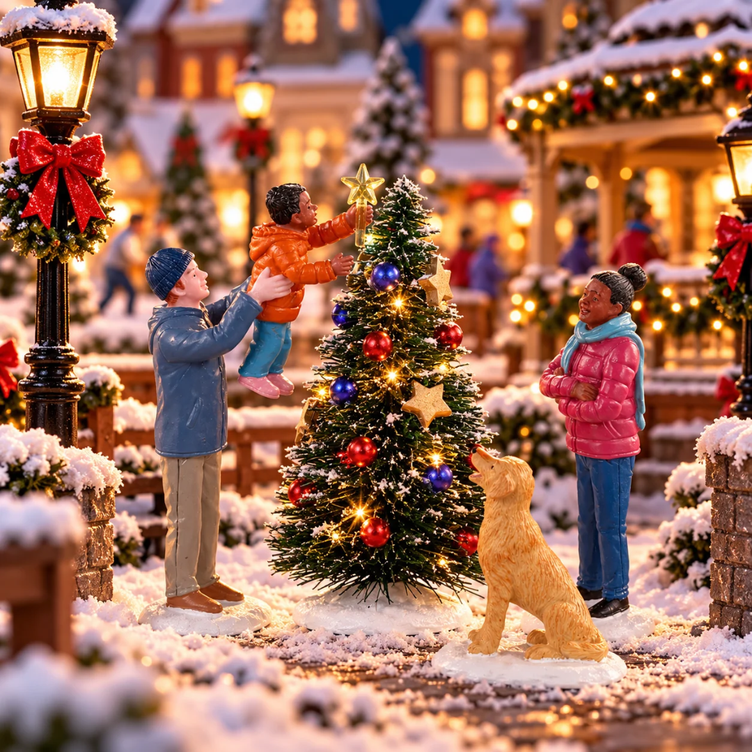 Final Touch Lemax con famiglia che decora l’albero di Natale: adulto solleva un bambino per posizionare la stella in cima, mentre una donna e un cane osservano la scena ambientato in un villaggio natalizio Lemax.