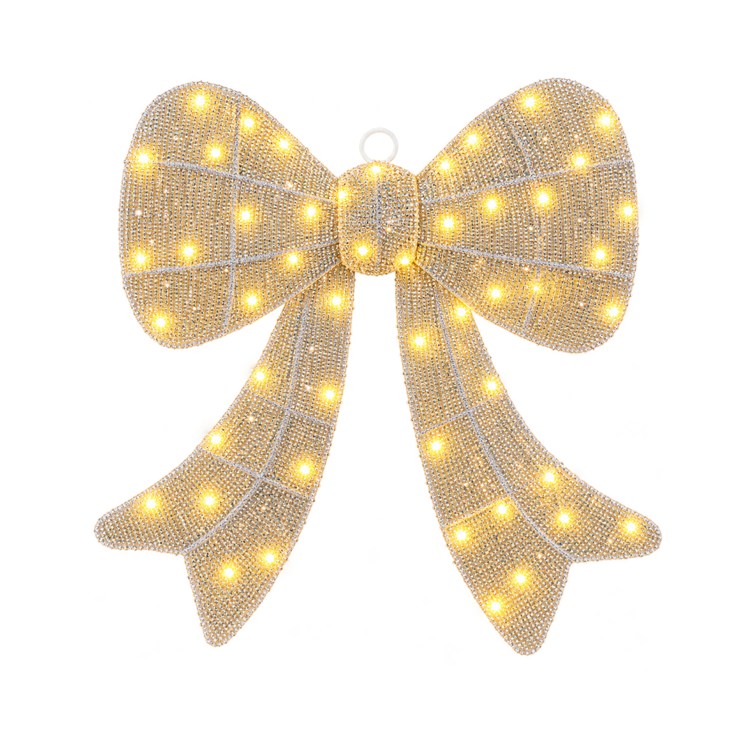Fiocco natalizio luminoso oro da 45 cm con finitura glitterata e luci LED bianco caldo