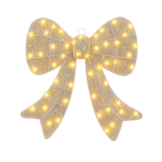 Fiocco natalizio luminoso oro da 45 cm con finitura glitterata e luci LED bianco caldo