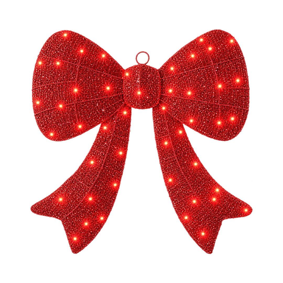 Fiocco natalizio luminoso rosso da 45 cm con finitura glitterata e luci LED rosse