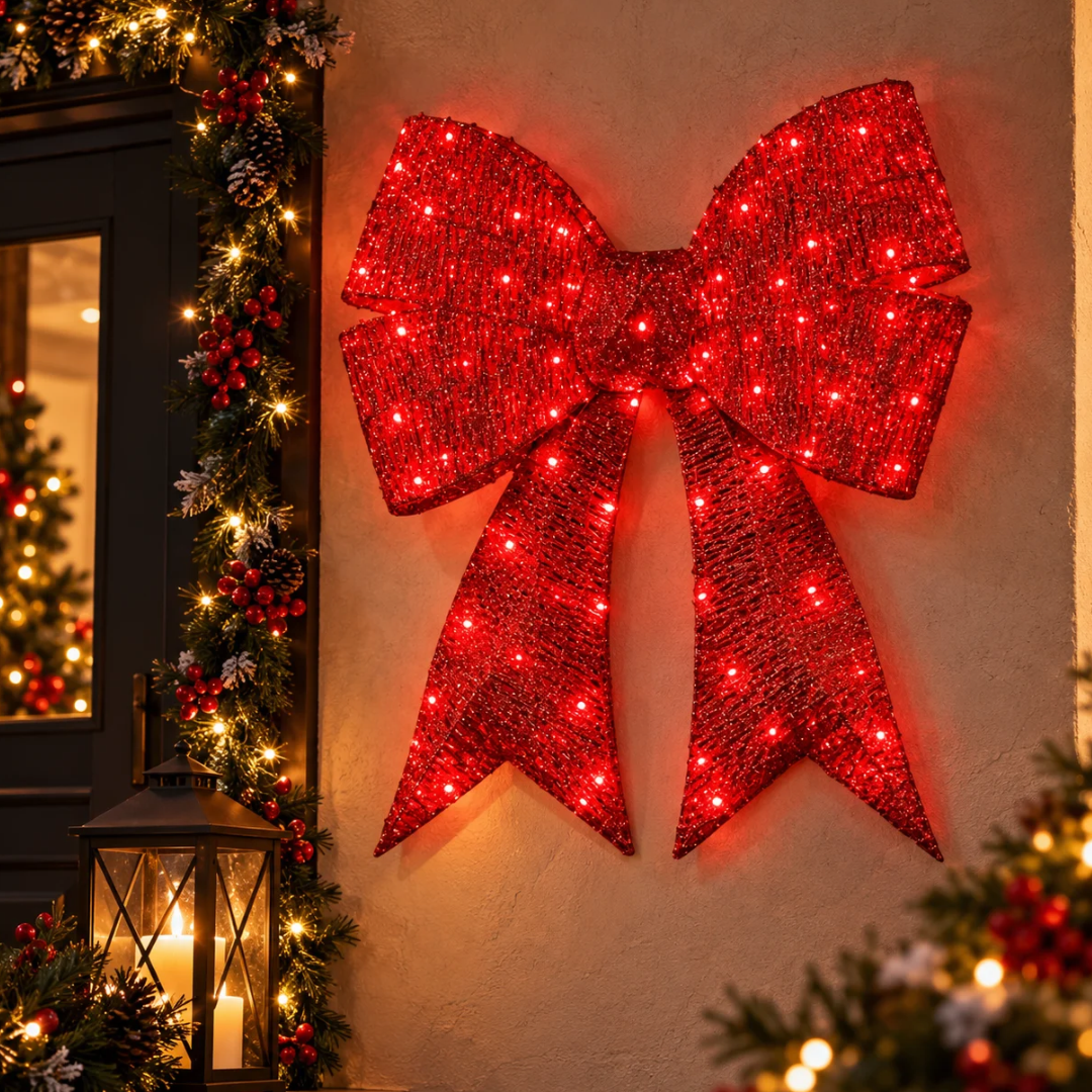 Fiocco natalizio rosso da 87 cm con LED rossi appeso alla parete accanto a decorazioni natalizie
