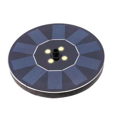 Dettaglio della fontana solare a disco nero con LED integrati e pannelli fotovoltaici