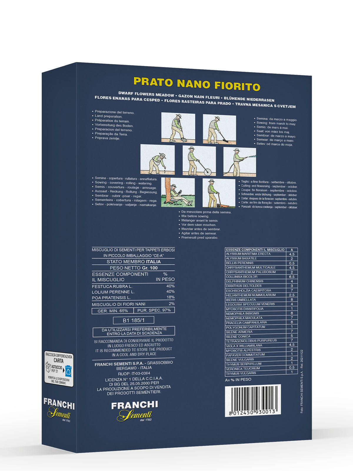 Retro della confezione del prato nano fiorito Franchi Sementi