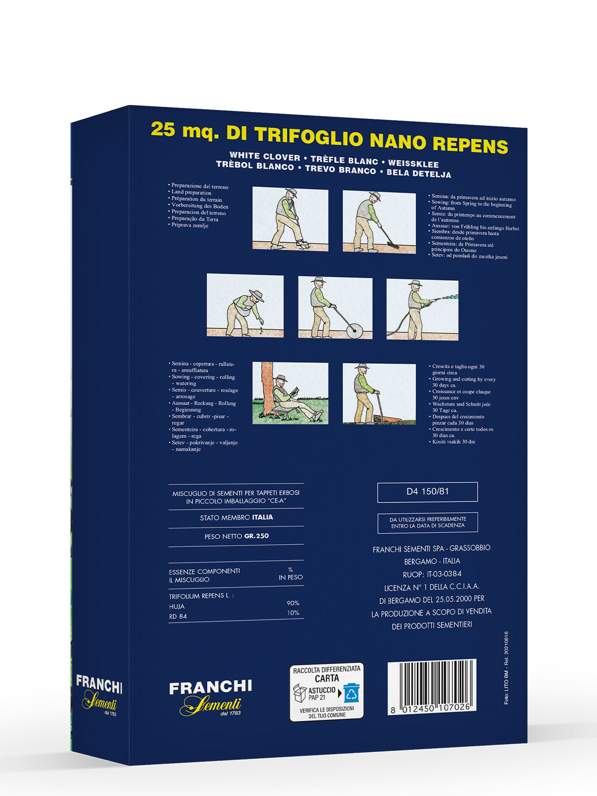 Retro della confezione trifoglio nano repens Franchi Sementi