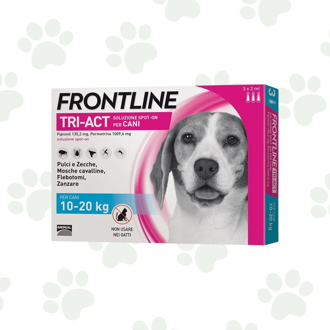 Confezione di tre pipette Frontline Tri-Act per cani 10-20kg.