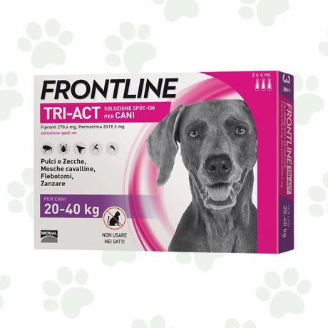 Confezione di tre pipette Frontline Tri-Act per cani 20-40kg.