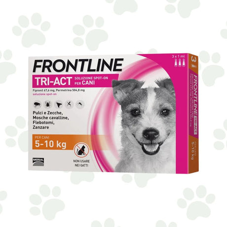 Confezione di tre pipette Frontline Tri-Act per cani 5-10kg.