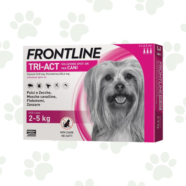 Confezione di tre pipette Frontline Tri-Act per cani 2-5kg.