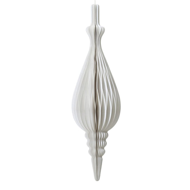 Decorazione natalizia a nido d’ape in carta bianca, dalla forma allungata a goccia con dettagli sagomati e cordoncino per appenderla.