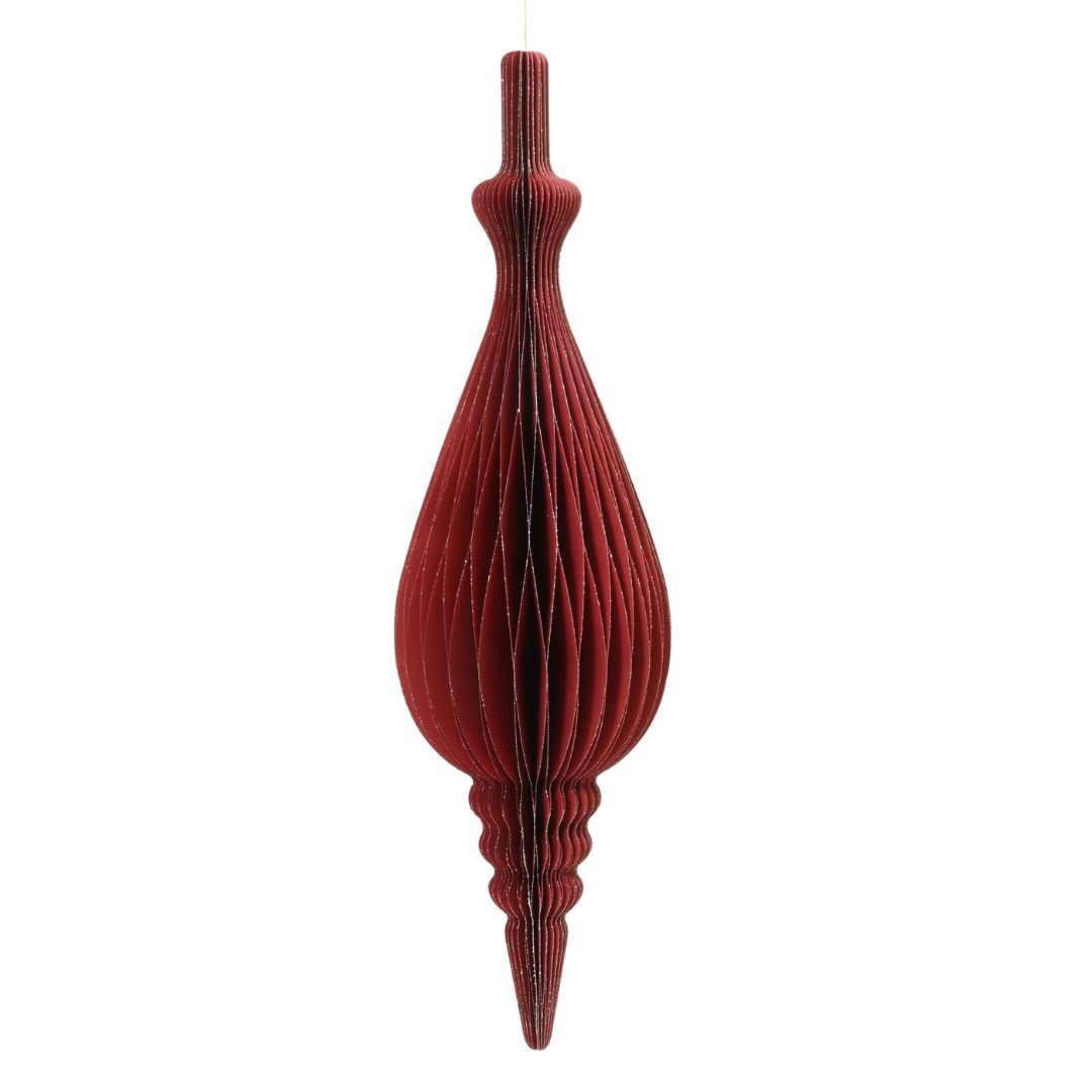 Decorazione natalizia a nido d’ape in carta rossa, dalla forma allungata a goccia con dettagli sagomati e cordoncino per appenderla.