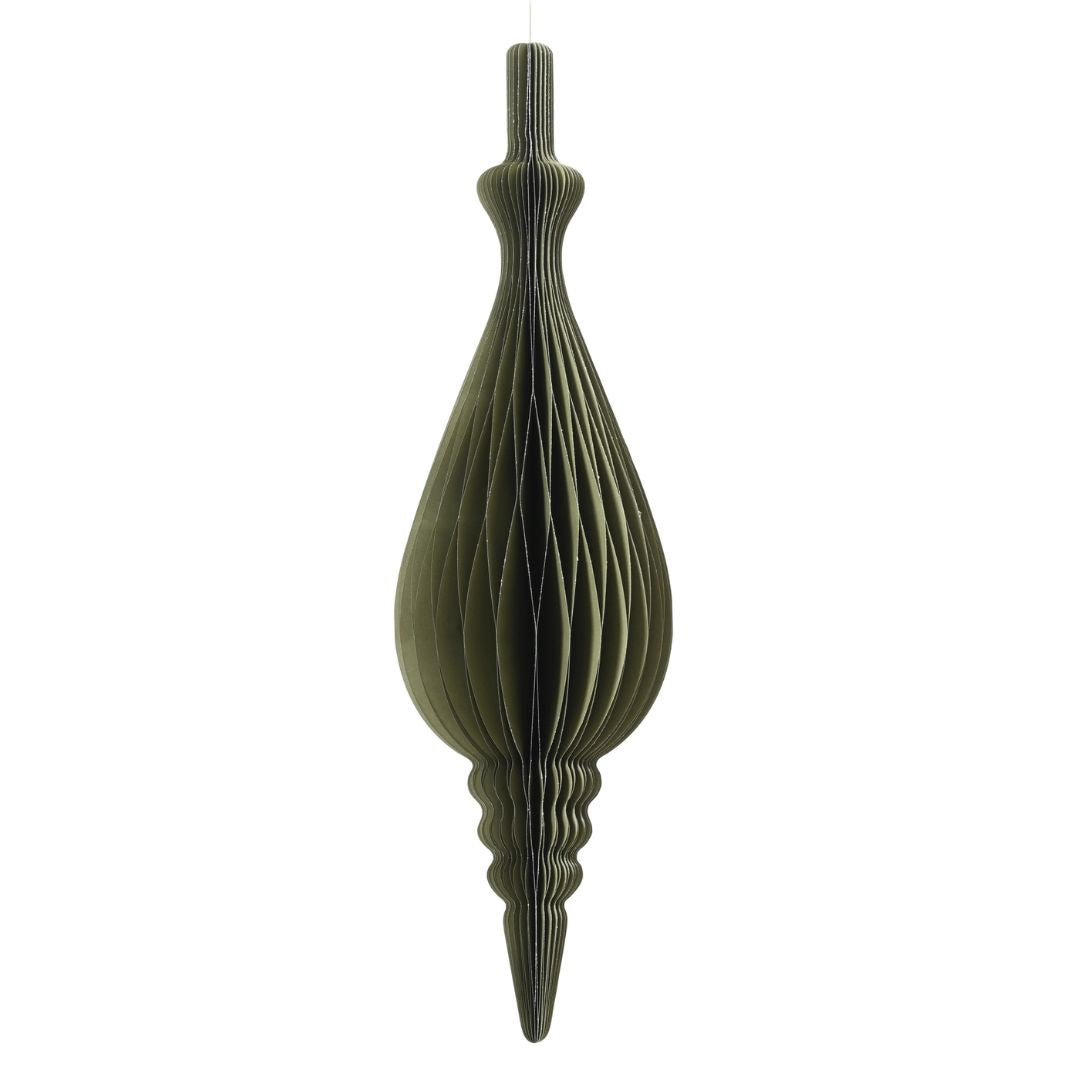 Decorazione natalizia a nido d’ape in carta verde, dalla forma allungata a goccia con dettagli sagomati e cordoncino per appenderla.