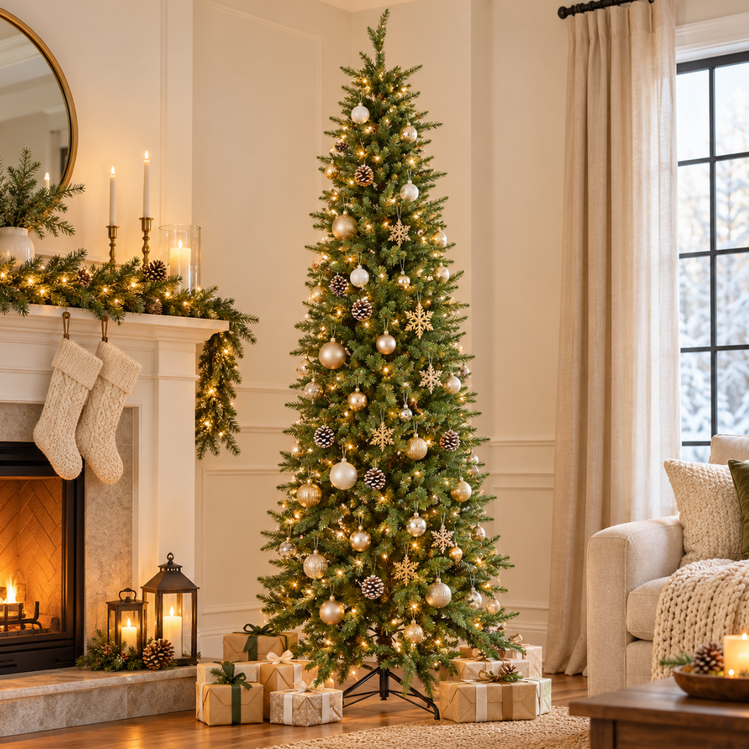 Albero di Natale slim Gala Slim ambientato in una scena natalizia