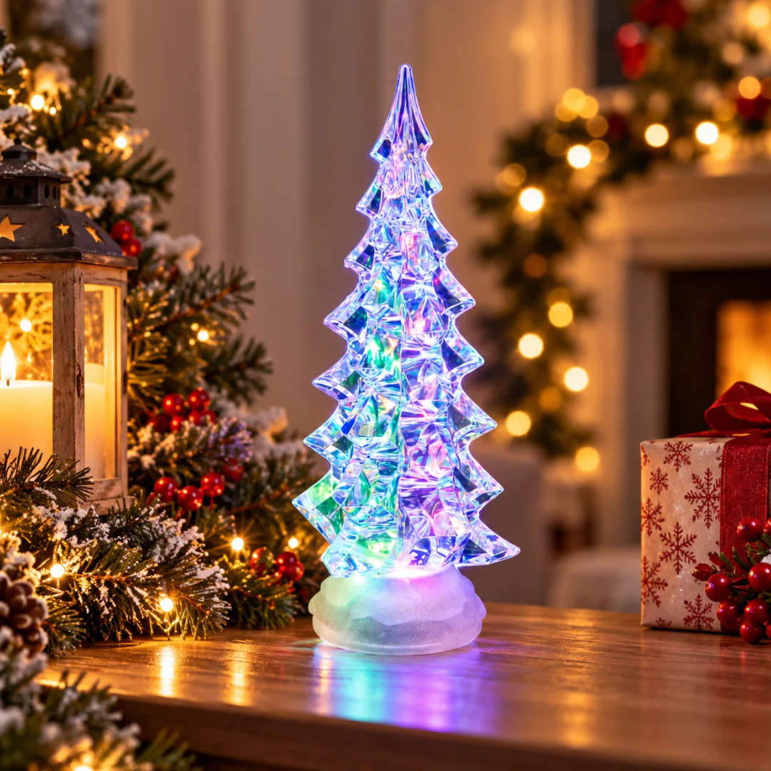 Abete luminoso trasparente con LED multicolore ambientato tra decorazioni natalizie
