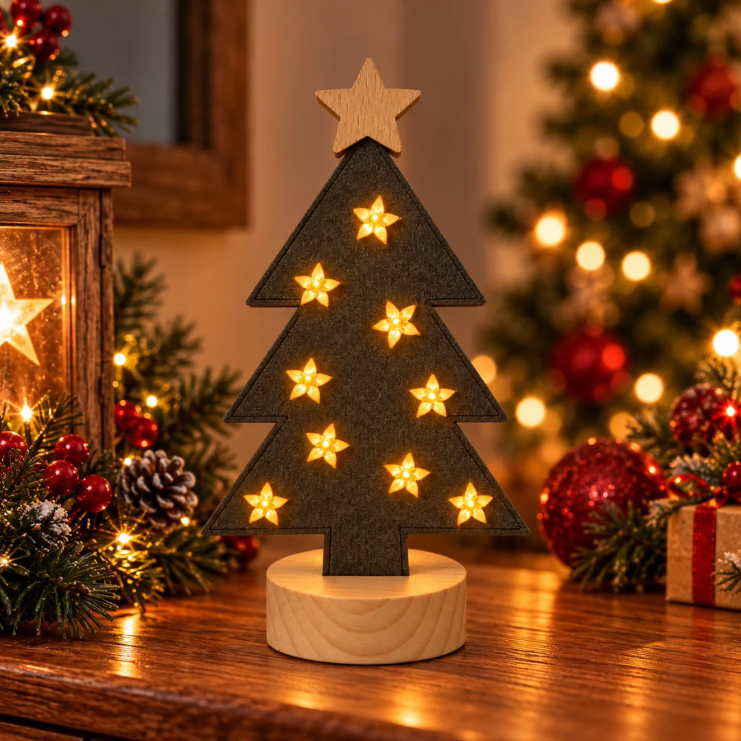 Albero natalizio marrone scuro luminoso in legno, ambientato tra lanterne, pigne e decorazioni natalizie rosse