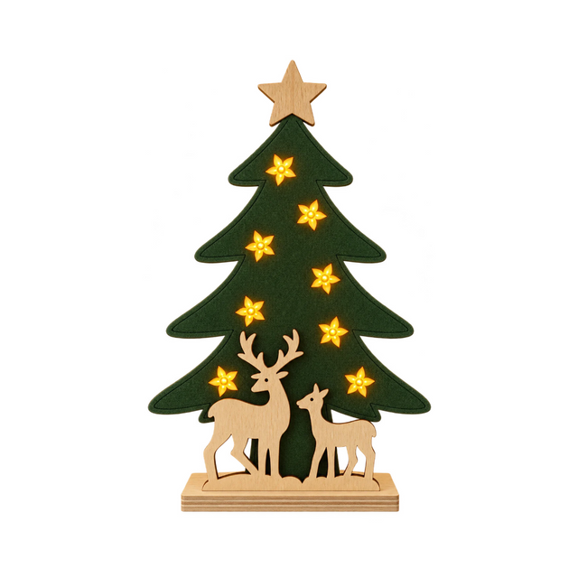Alberello di Natale verde Garden Team con 10 LED caldi a forma di fiore, stella in legno e due renne alla base