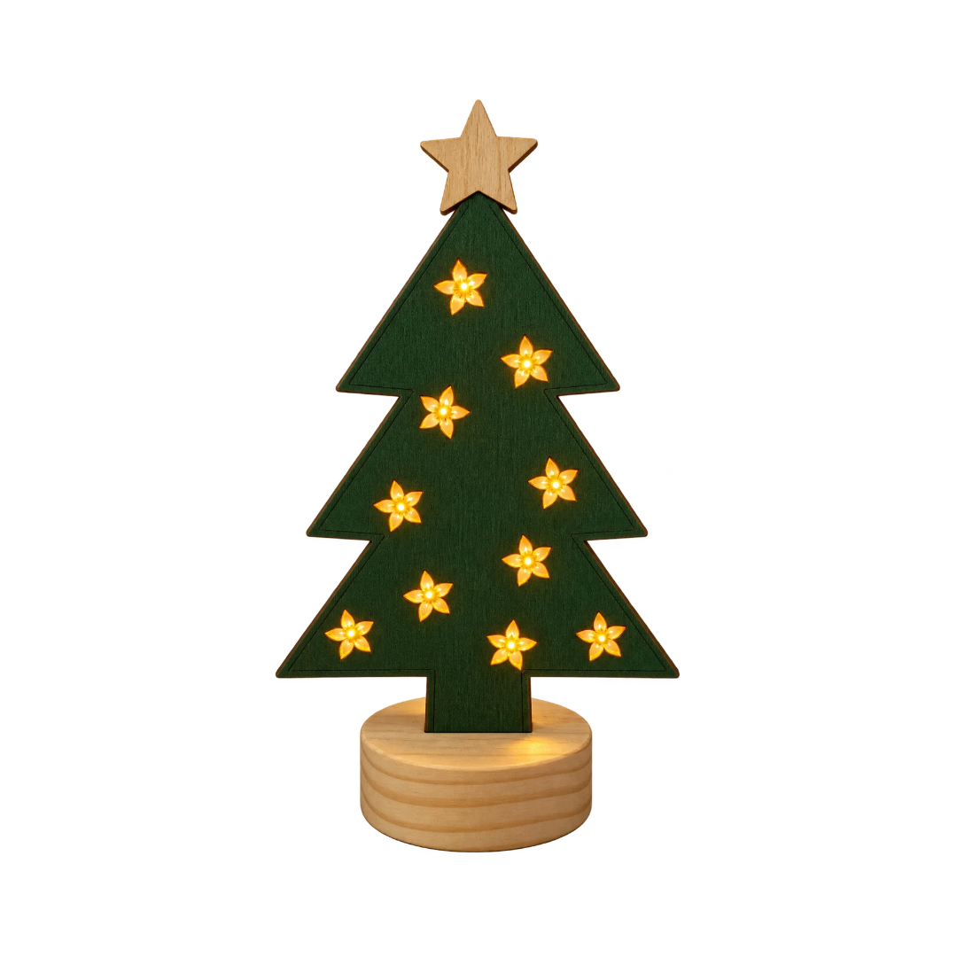 Albero di Natale decorativo verde in legno con stella sulla punta, base rotonda e luci LED calde a forma di fiore