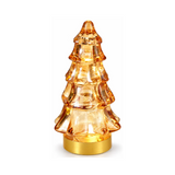 Alberello natalizio in vetro color ambra con luci calde e base dorata